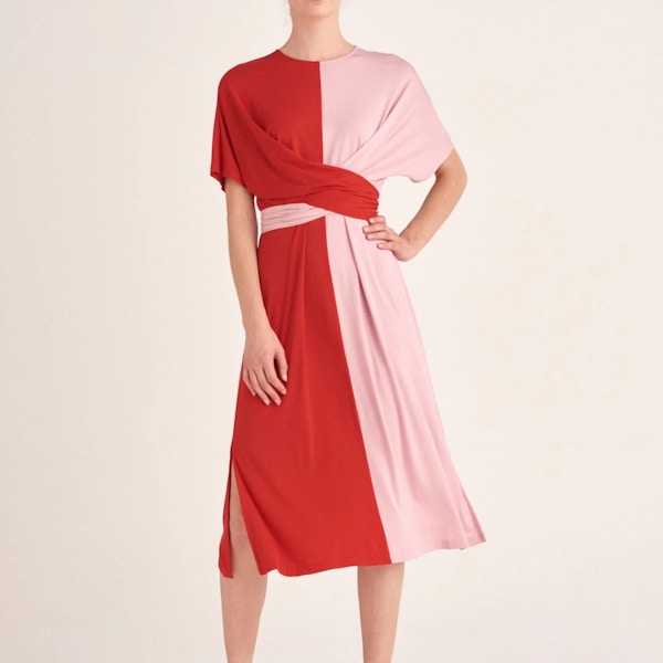 Paisie Two-Tone Wrap Top Dress In Red & Pink, NOW £72