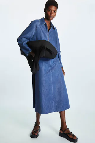 Half Zip Midi Denim Dress,