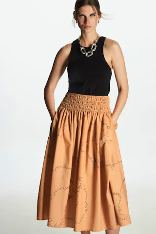 Smocked Waist Midi Skirt,