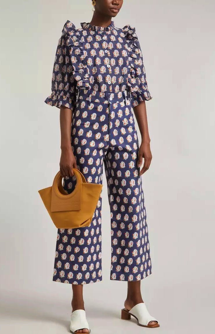 SZ Blockprints Navy and Tangerine Paisley Print Disco Pants, £200