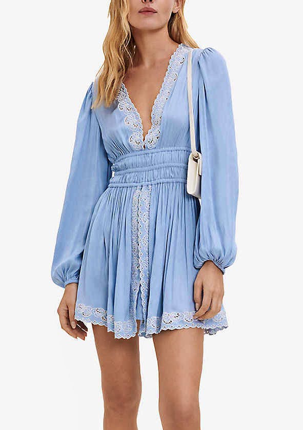 Maje Rianny Embroidery-Detail Smocked-Waist Woven Mini Dress, £259