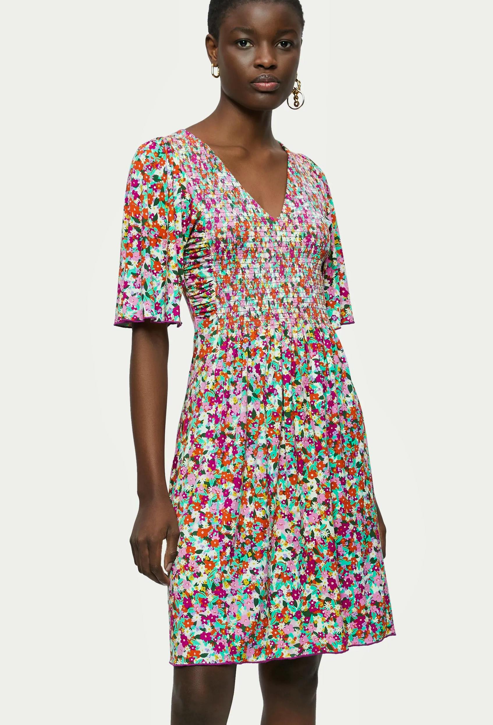 Jigsaw Rainbow Floral Smocked Dress, NOW £84