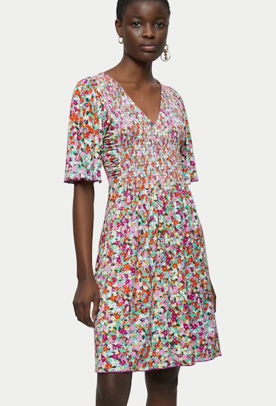 Jigsaw Rainbow Floral Smocked Dress, NOW £84