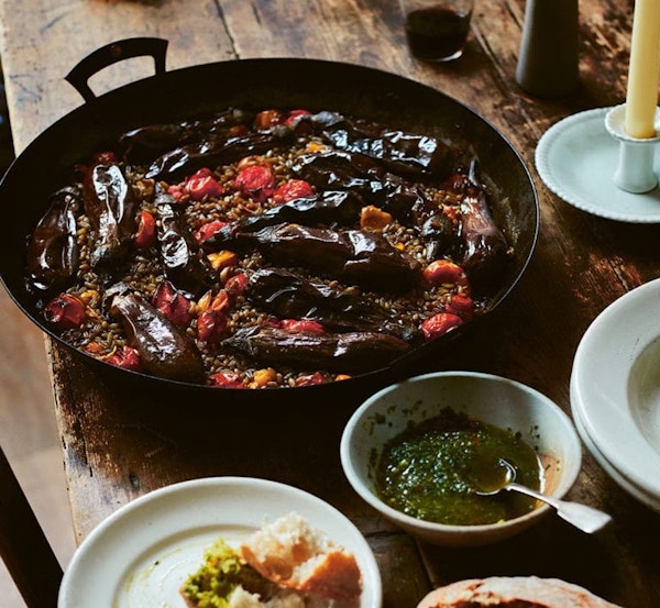 Diana Henry’s Butter-Roast Aubergines And Tomatoes With Freekeh And Koch-Kocha
