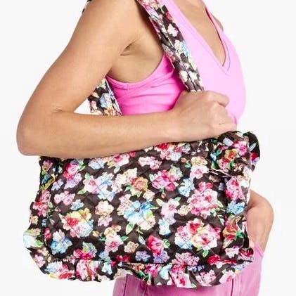 Ganni Ruffled Quilted Floral-Print Satin Tote, NOW £52