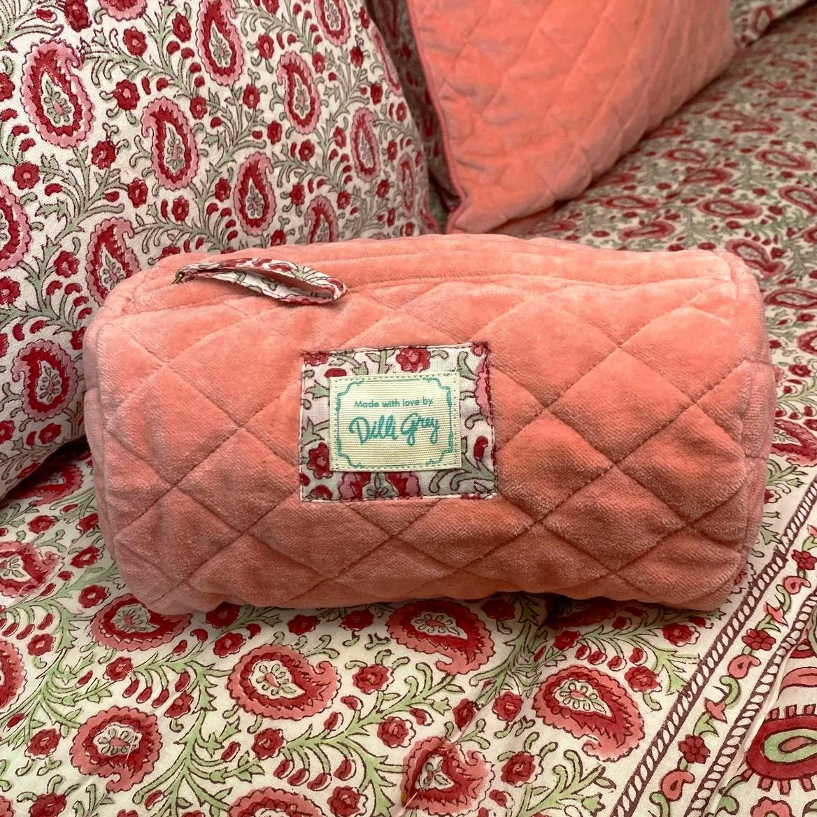 Dilli Grey Velvet Quilted Make-up Bag in Rose, £20