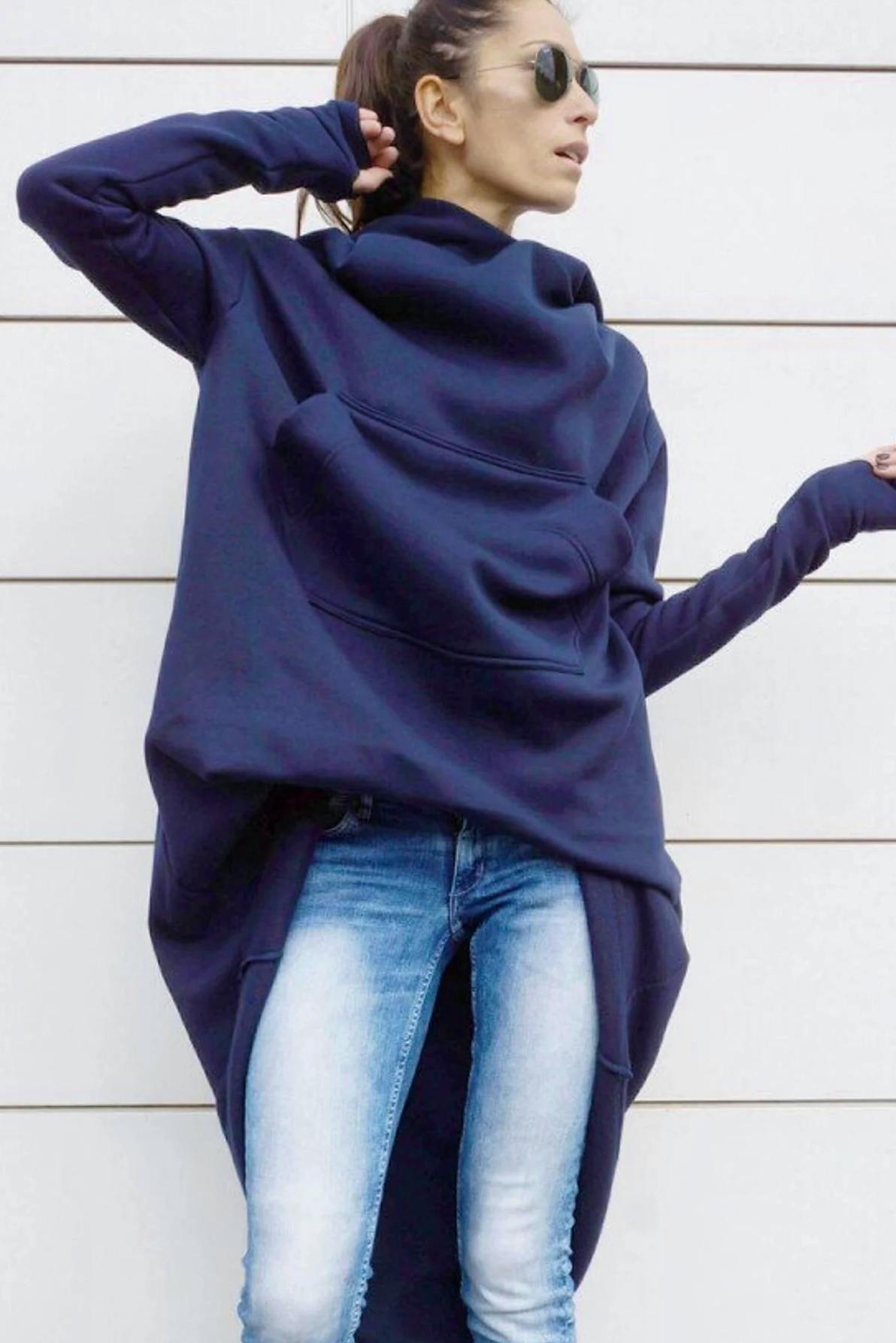 Etsy Navy Extravarant Maxi Asymmetric Hoodie / Fleece Cotton Warm Top, £109.80