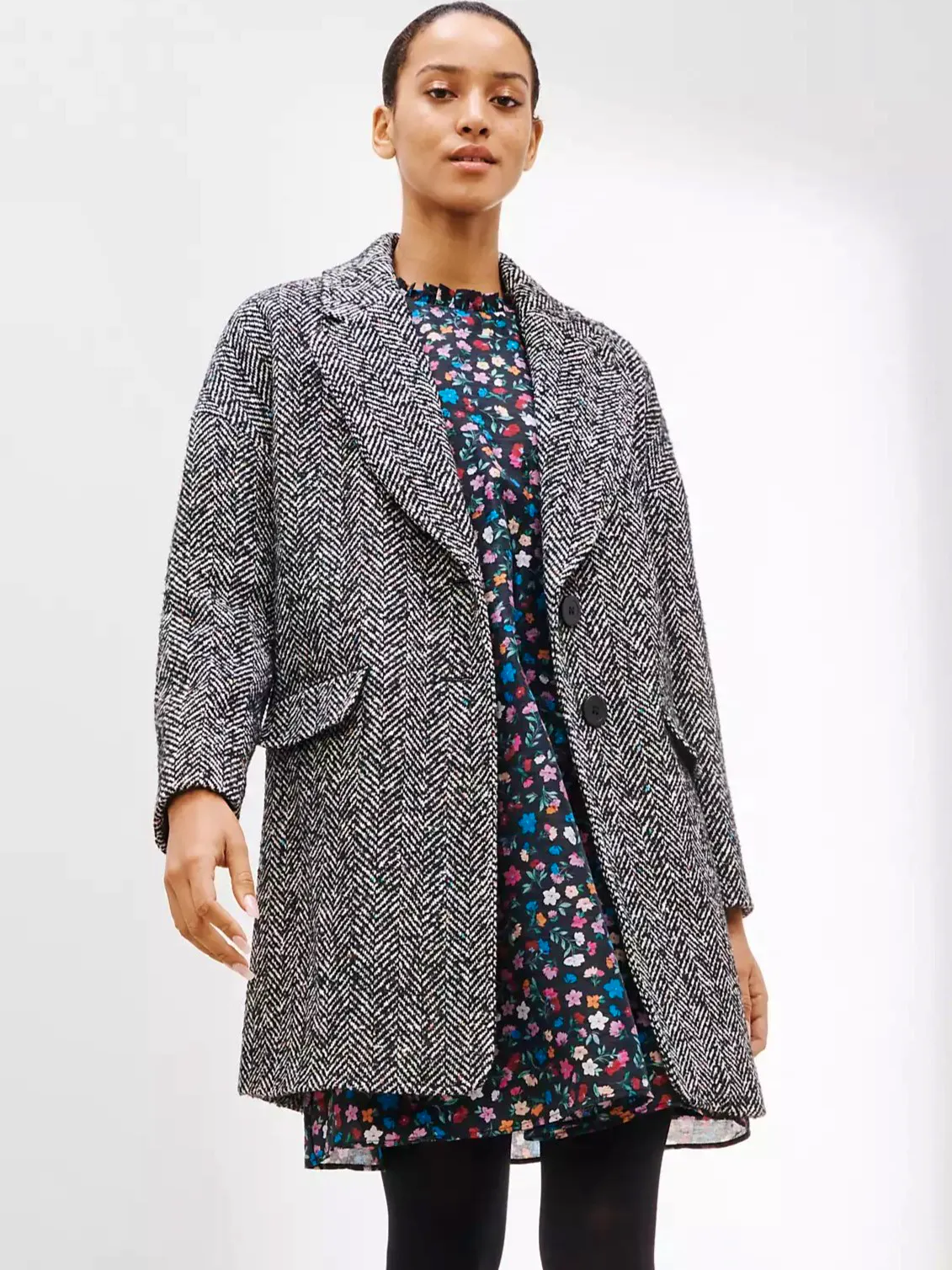John Lewis AND/OR Bree Herringbone Tweed Coat, Black/White, £149
