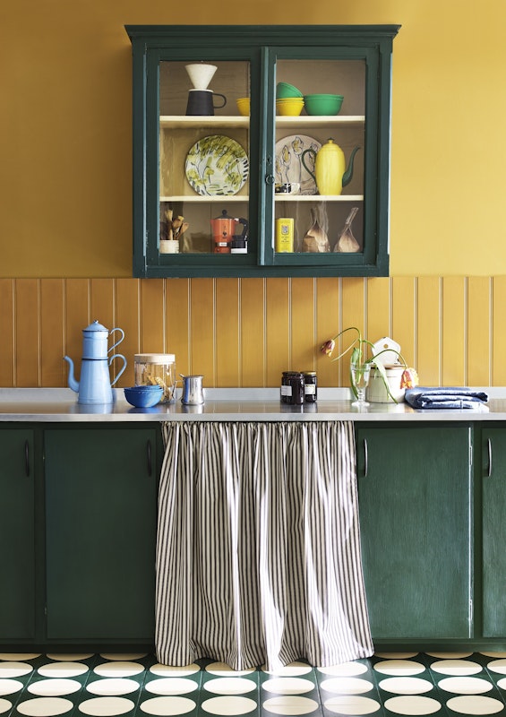 Annie Sloan - Kitchen - Satin Paint In Carnaby Yellow, Carnaby Yellow Wall Paint, Chalk Paint In Amsterdam Green And Old Ochre, 