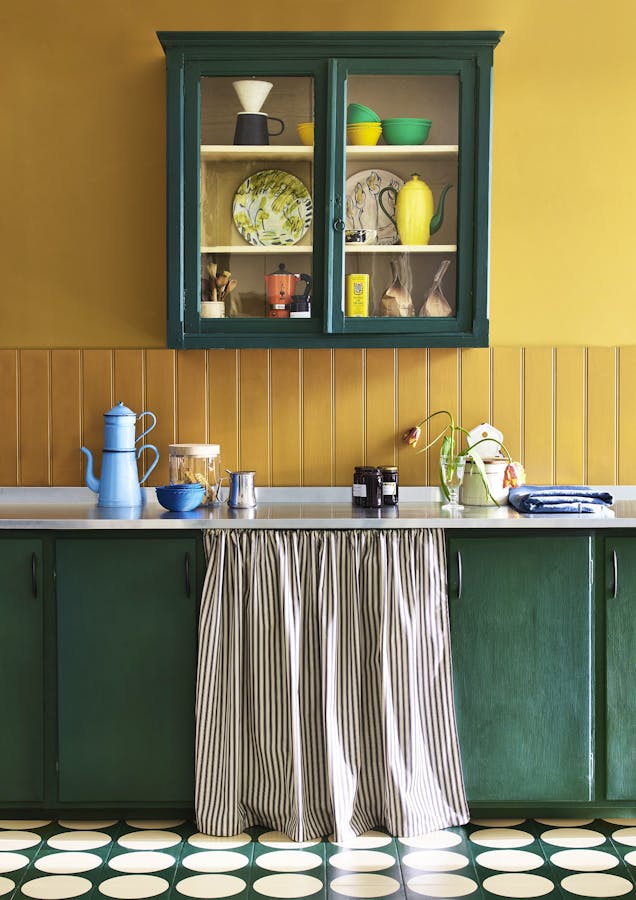 Annie Sloan - Kitchen - Satin Paint In Carnaby Yellow, Carnaby Yellow Wall Paint, Chalk Paint In Amsterdam Green And Old Ochre, 