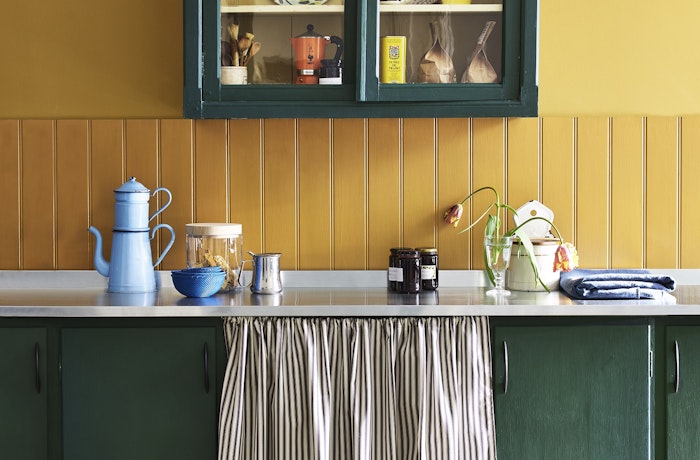 Annie Sloan - Kitchen - Satin Paint In Carnaby Yellow, Carnaby Yellow Wall Paint, Chalk Paint In Amsterdam Green And Old Ochre, 