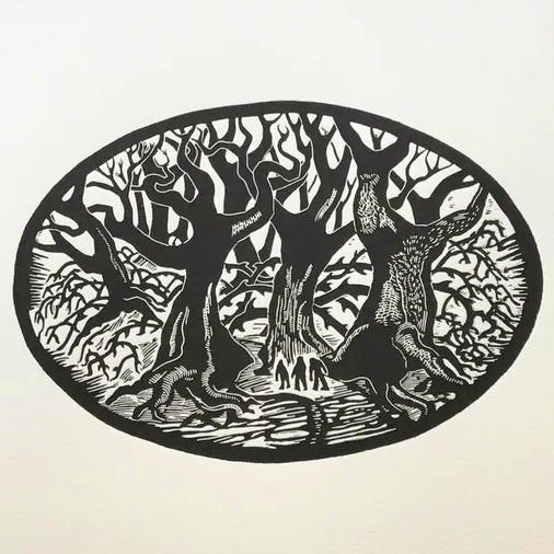 Bonfield Block Printers ‘A day of hunting was prepar-ed, In thorny woods where briars grew...’, £85