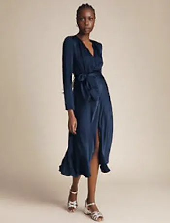 Satin V Neck Midi Waisted Dress