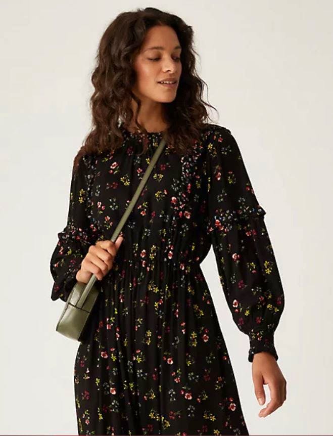 Floral Round Neck Ruffle Midi Waisted Dress £45