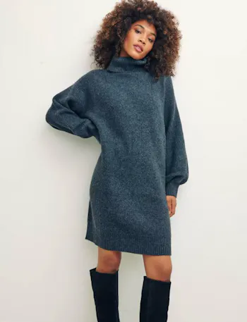 Cotton Blend High Neck Mini Jumper Dress