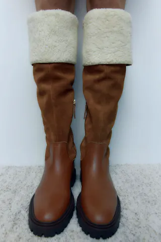 Knee High Leather Boots With Faux Shearling