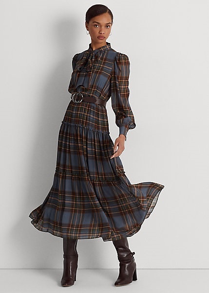 Ralph Lauren Plaid Tie-Neck Crinkle Georgette Dress, £259
