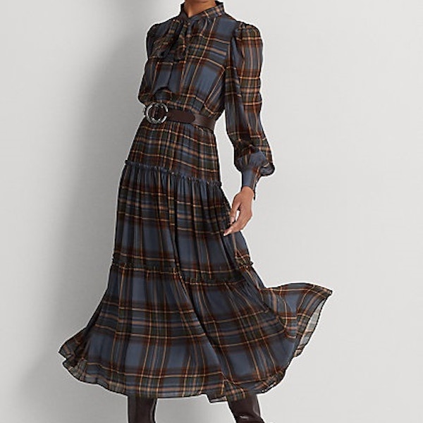 Ralph Lauren Plaid Tie-Neck Crinkle Georgette Dress, £259