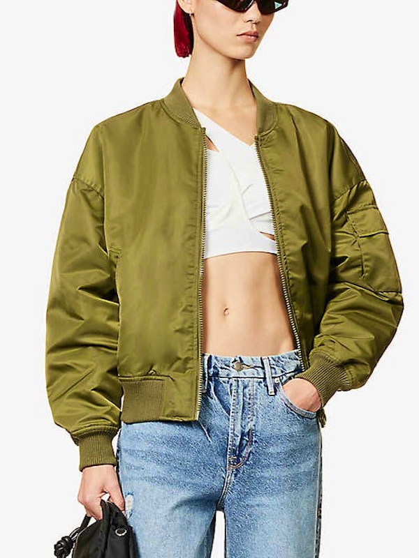 Good American Satin Khaki Bomber Jacket, £150