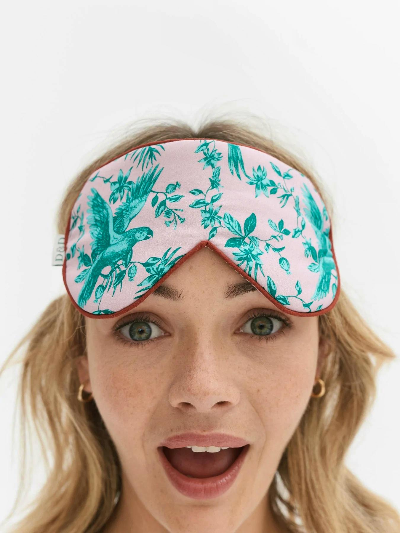 Desmond & Dempsey Cotton Luxe Eye Mask In Pink And Blue Bromley Parrot Print, £20