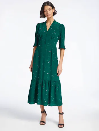 Livia Silk Midi Dress - Dark Green Lips Eyes Print