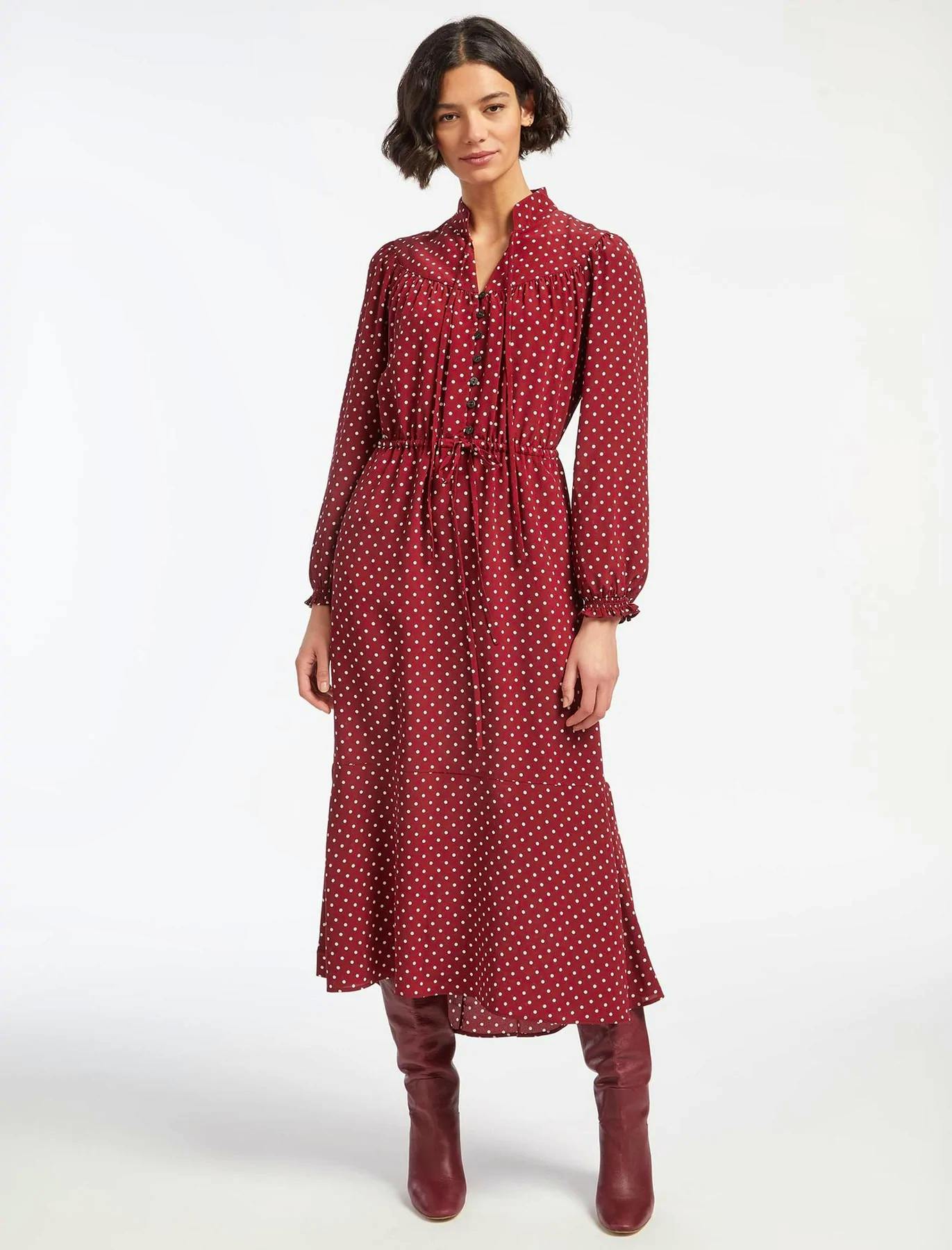 Zahra Silk Drawstring Maxi Dress - Lipstick White Polka Dot £390