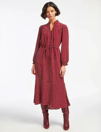 Zahra Silk Drawstring Maxi Dress - Lipstick White Polka Dot