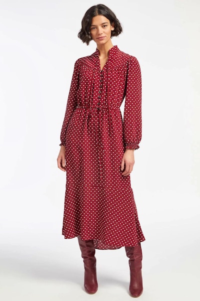 Zahra Silk Drawstring Maxi Dress - Lipstick White Polka Dot £390