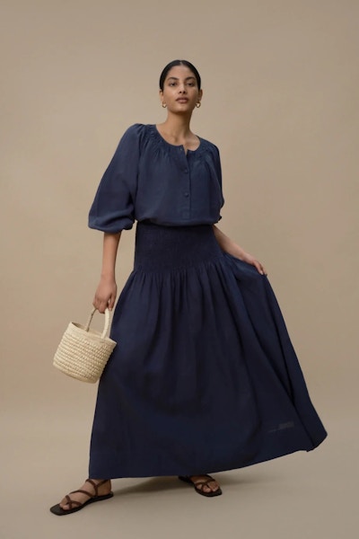 Sula – Dusty Navy Linen Skirt £220
