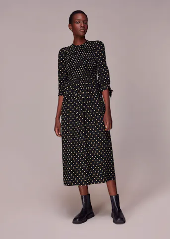 Shirred Spot Midi Dress