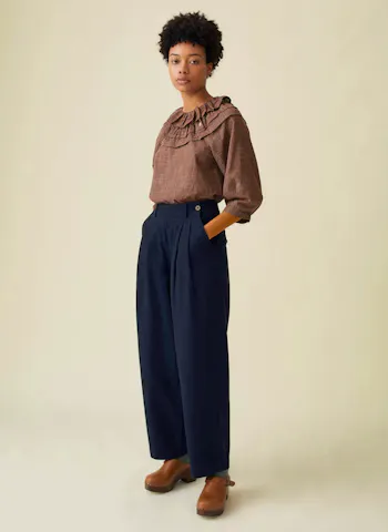 Ruffled Collar Slubby Check Shirt