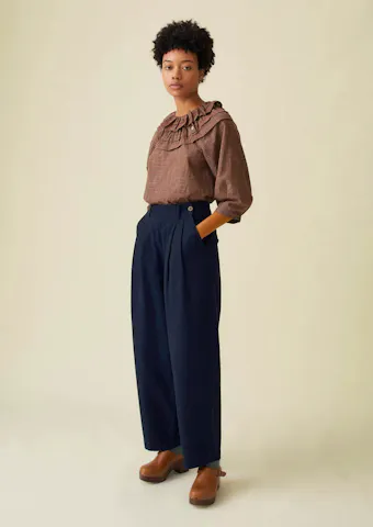 Ruffled Collar Slubby Check Shirt