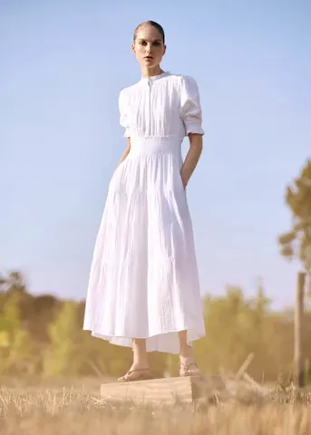 Cheesecloth Shirred Waist Maxi Dress