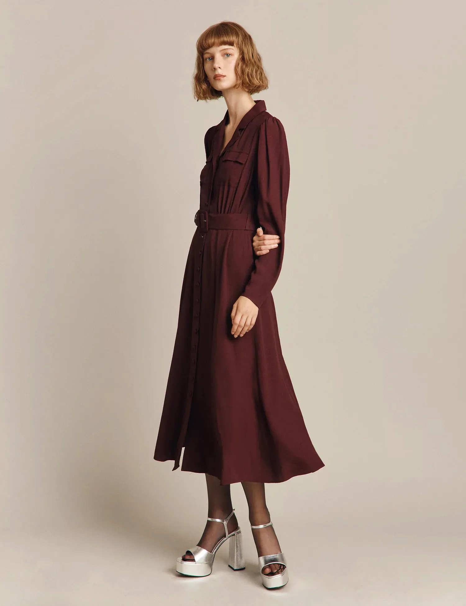 Satin Back Crepe V-Neck Midi Shirt Dress £169