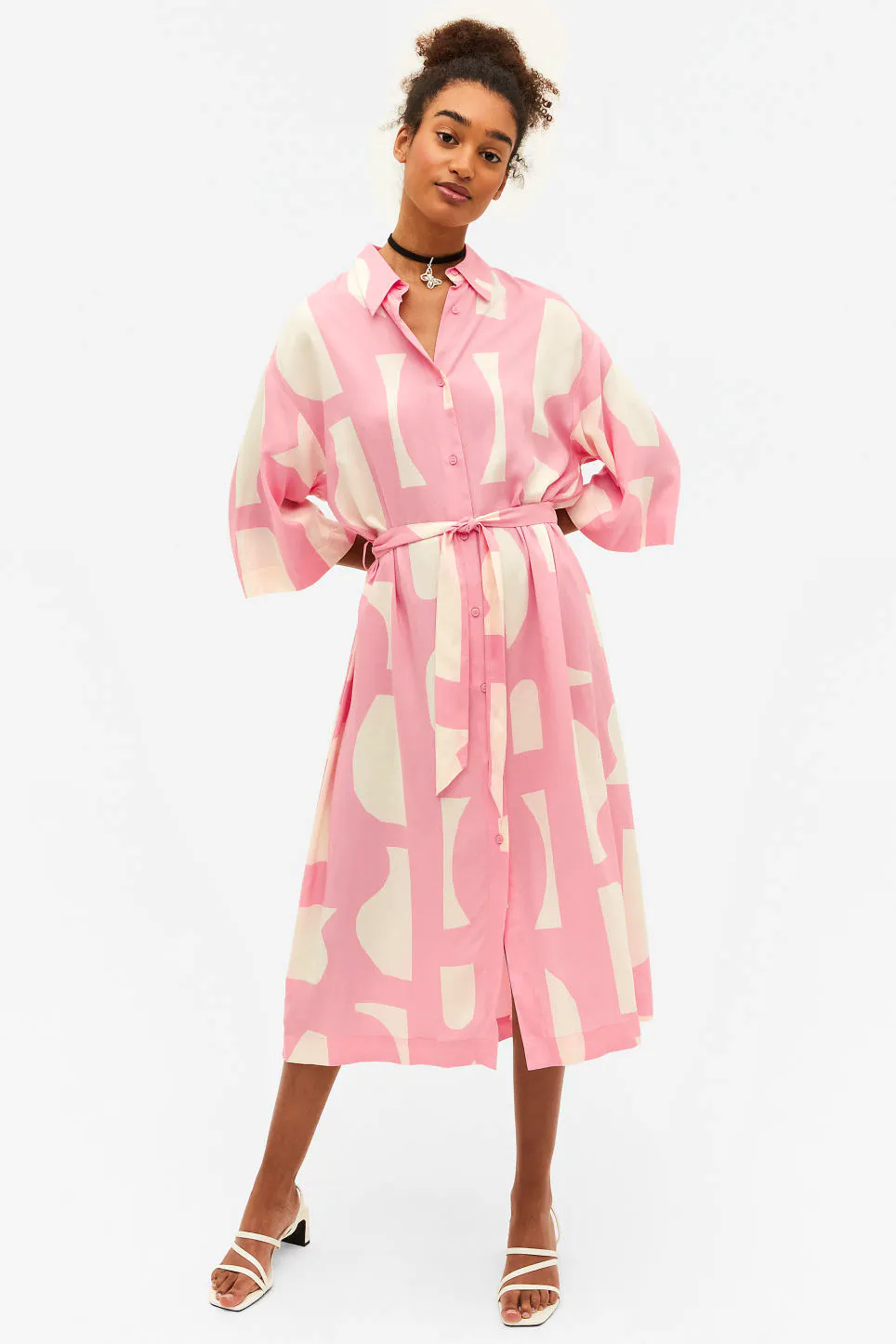 Loose Pink & White Shirt Dress With Tie Waist £40