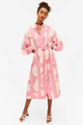 Loose Pink & White Shirt Dress With Tie Waist