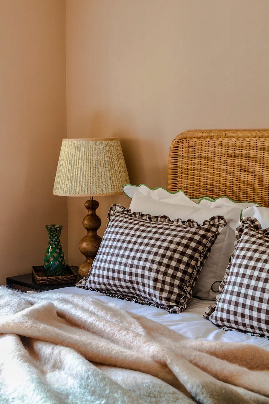 Rebecca Udall Ruffle Gingham Rectangular Linen Cushion Cover, Chocolate Brown, £56