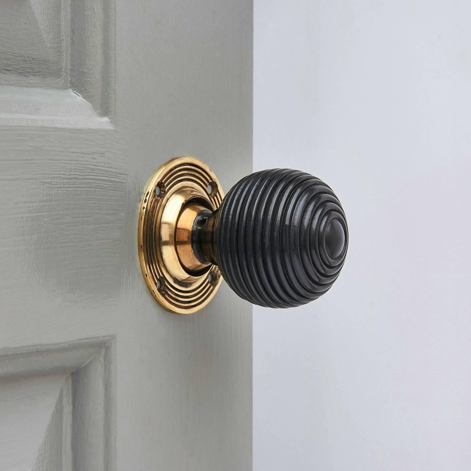 Ebony Wood Beehive Door Knobs (Pair) - Aged Brass Collar & Rose £71.50