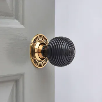Ebony Wood Beehive Door Knobs (Pair) - Aged Brass Collar & Rose
