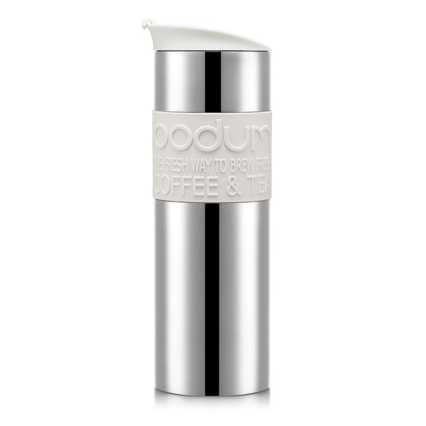 Vacuum Travel Mug Tall and sleek in stainless steel with smart ergonomic silicone heat-resistant grip, this travel mug is insulated to keep your drink hotter, longer. Great for early starts or long commutes. Meaning you can go straight from cafetiere to cup. Bodum, £44