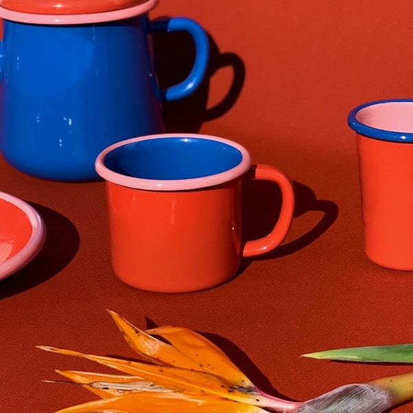 Bornn Enamelware Mug - Coral And Electric Blue With Soft Pink Rim, €18.50