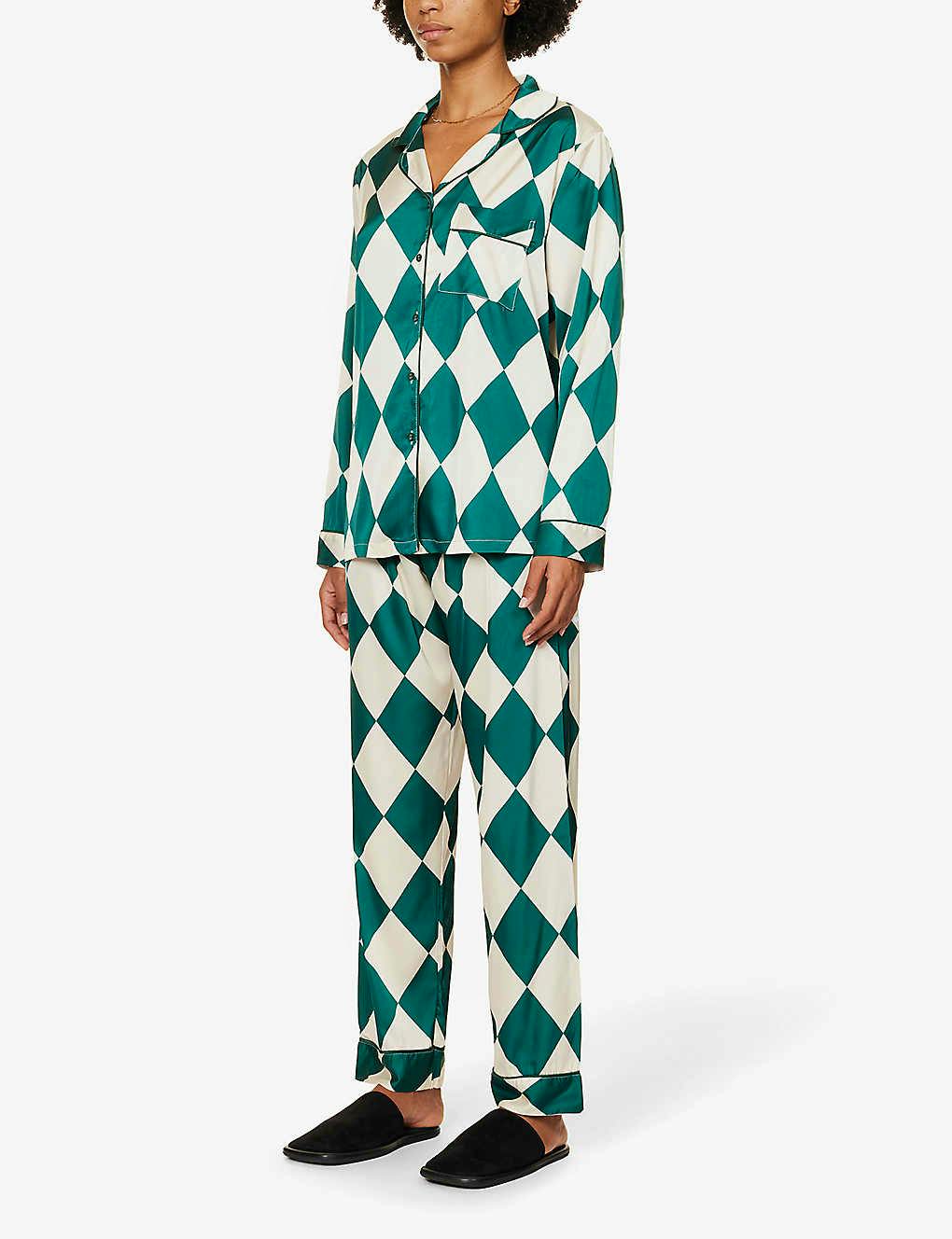 The Nap Co Diamond-Pattern Contrast-Piping Stretch-Satin Pyjamas, £80