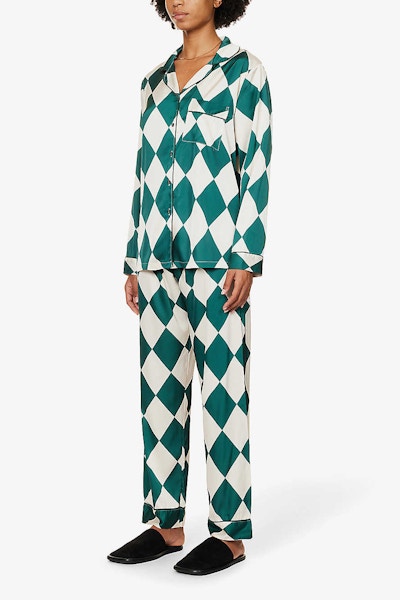 The Nap Co Diamond-Pattern Contrast-Piping Stretch-Satin Pyjamas, £80