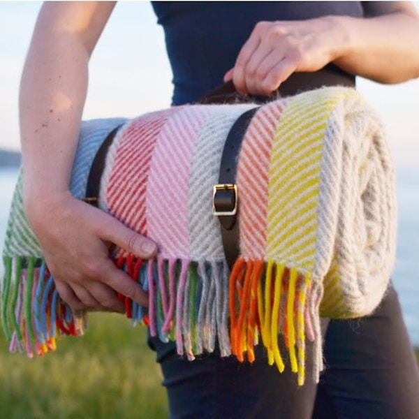 The British Blanket Co Rainbow Stripe Waterproof Picnic Blanket with Straps, £100
