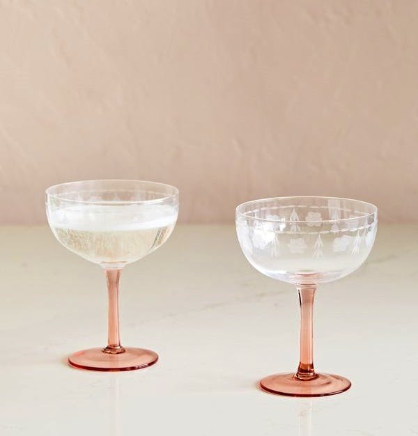 Rose & Grey Set of 2 Pink Engraved Flowers Champagne Coupes, £32.50