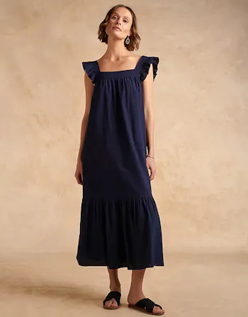 Organic Cotton Seersucker Frill-Sleeve Dress