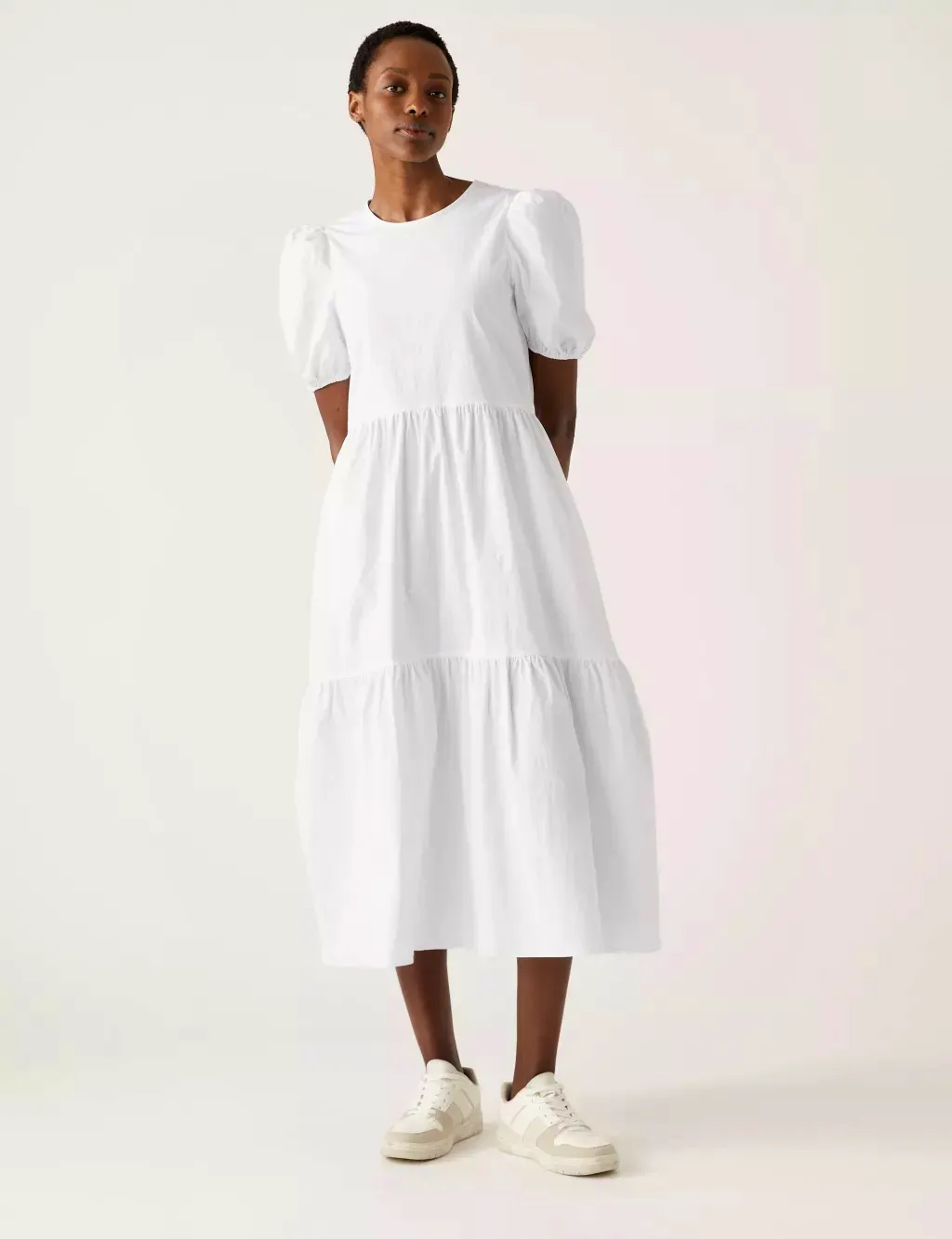 Cotton Rich Puff Sleeve Midi Tiered Dress £39.50