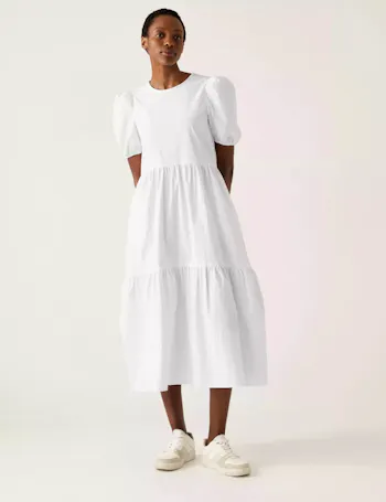 Cotton Rich Puff Sleeve Midi Tiered Dress