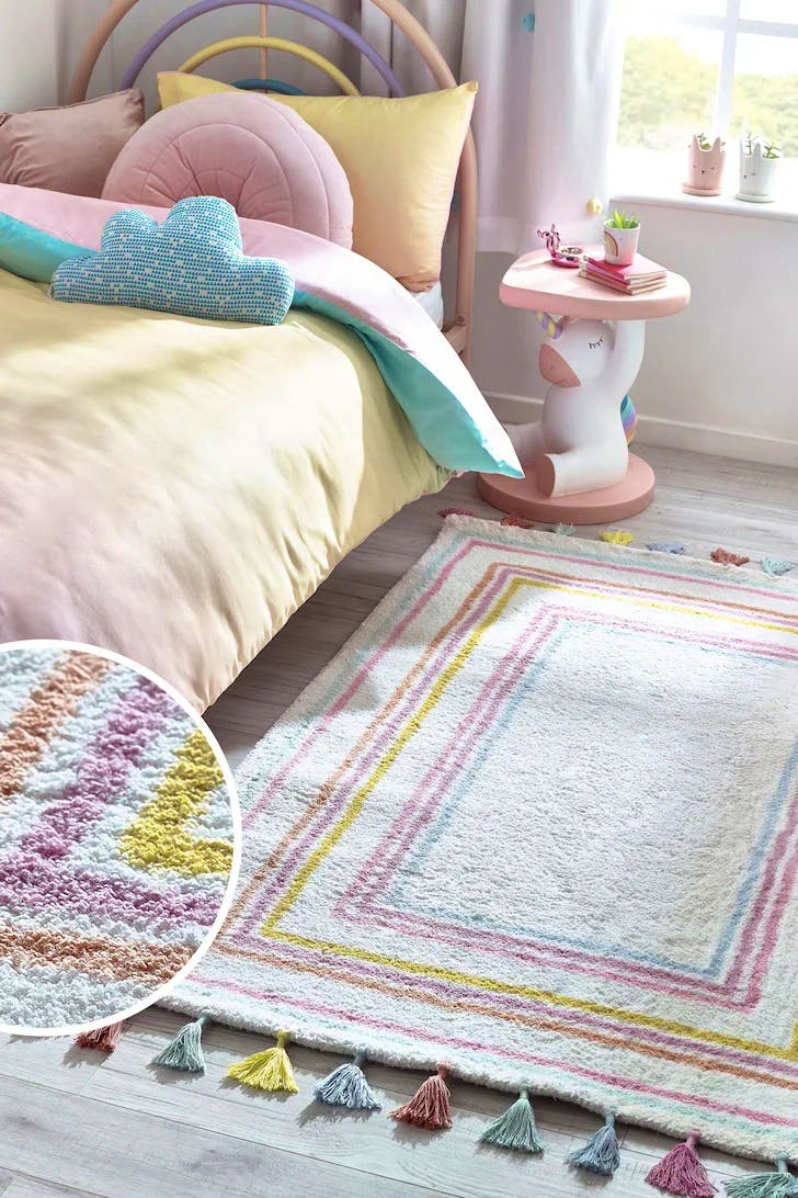 Next Pink Bright Border Tassel Kids Rug, £60 – £100