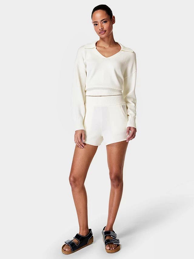 Sweaty Betty Organic Cotton Coastal Knit Silk Blend Shorts, Lily White £65